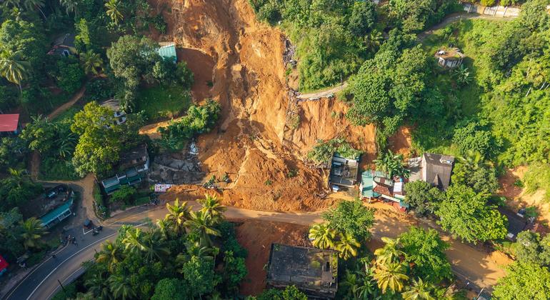 Cyclone Ditwah triggered landslides in several parts of Sri Lanka, destroying roads and cutting off towns and villages. Pictured here, destroyed houses and shops in Uthuwankanda.